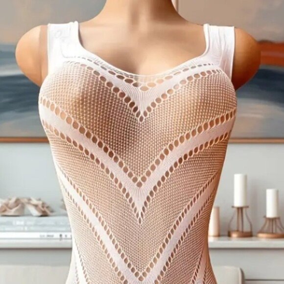 White Fishnet Cut Out Fishnet Bodycon Dress Beach Cover Up - Picture 5 of 7